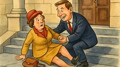 Banc: O doamnă cade pe scări...