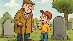 Banc: Un bătrânel cu nepoțelul în cimitir