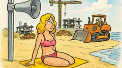 Banc: Anunț la megafon: blonda în roz