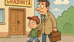 Banc: Soțul duce copilul la grădiniță