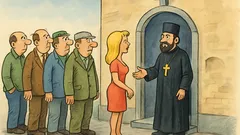 Banc: Coada mare la preot, o blondă