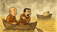 Banc: Un călugăr traversează râul în ceață